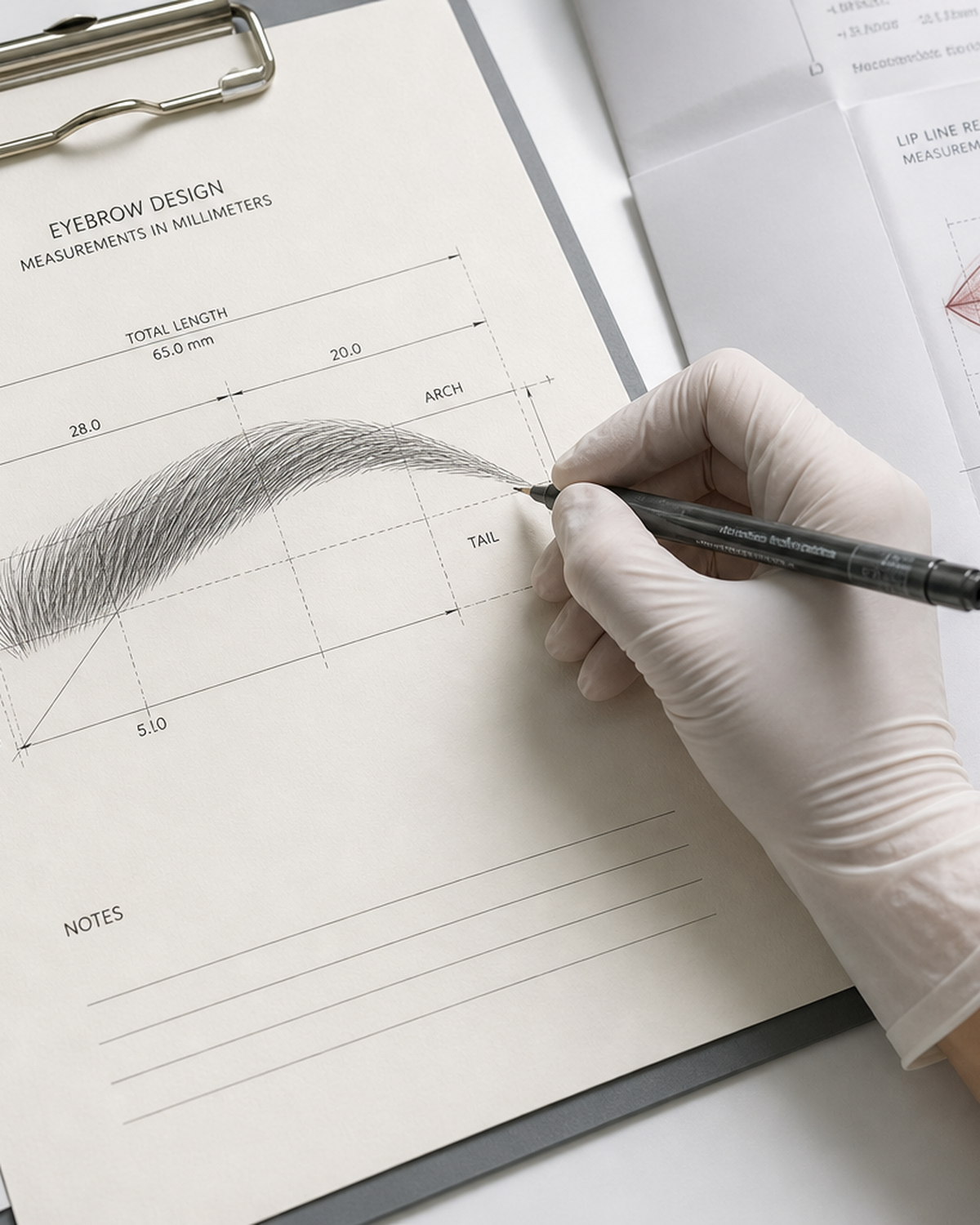 Détail d'une main de formatrice expliquant une trame de pigmentation de sourcil sur croquis.