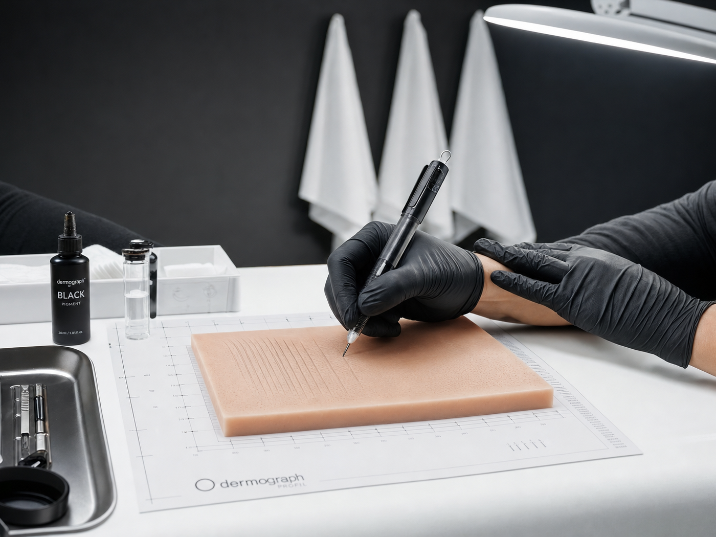 Atelier de pratique : stagiaire guidée par la formatrice sur peau modèle, plan large.