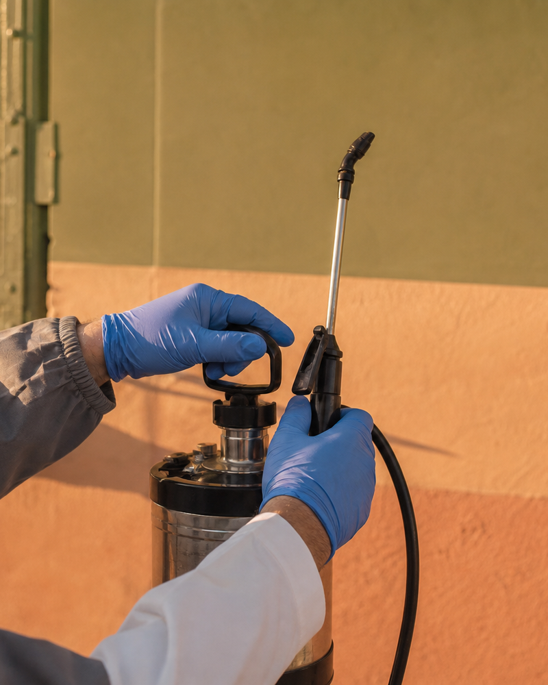 Technicien H3D Service à l'œuvre sur une intervention, gants nitrile bleus et pulvérisateur inox, façade méditerranéenne en arrière-plan