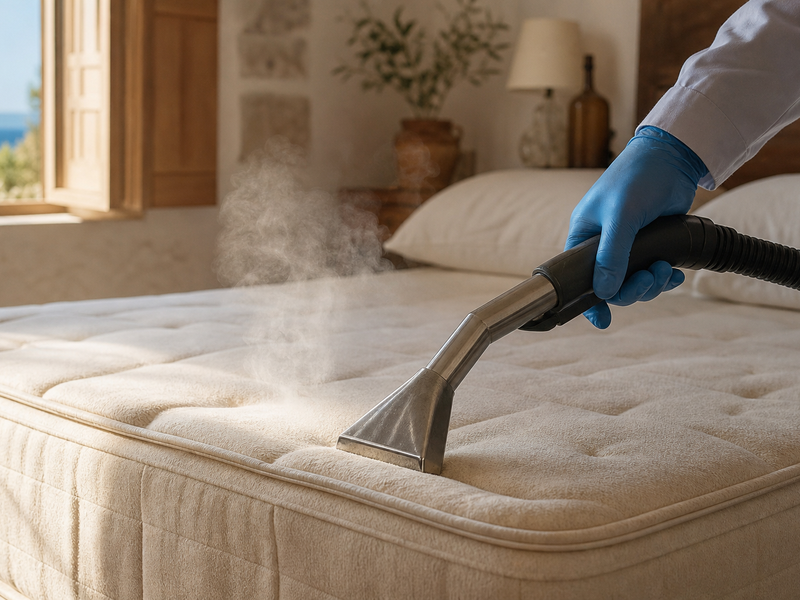 Buse de nettoyeur vapeur professionnel passée sur un matelas