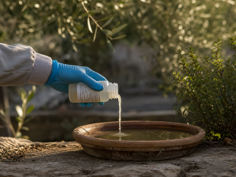 Larvicide biologique Bti versé dans un point d'eau extérieur