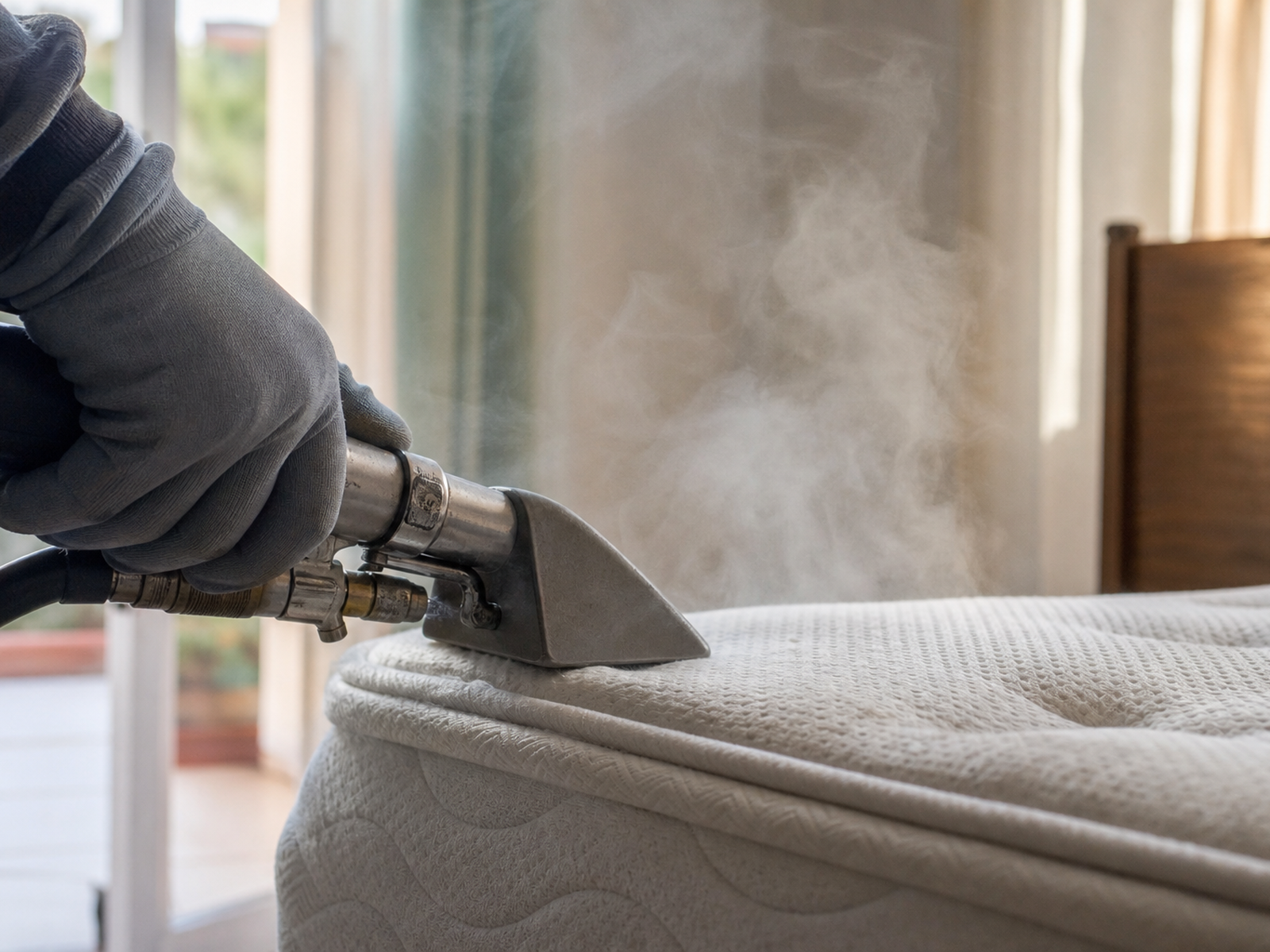 Traitement à la vapeur haute pression d'un matelas dans un appartement clair.