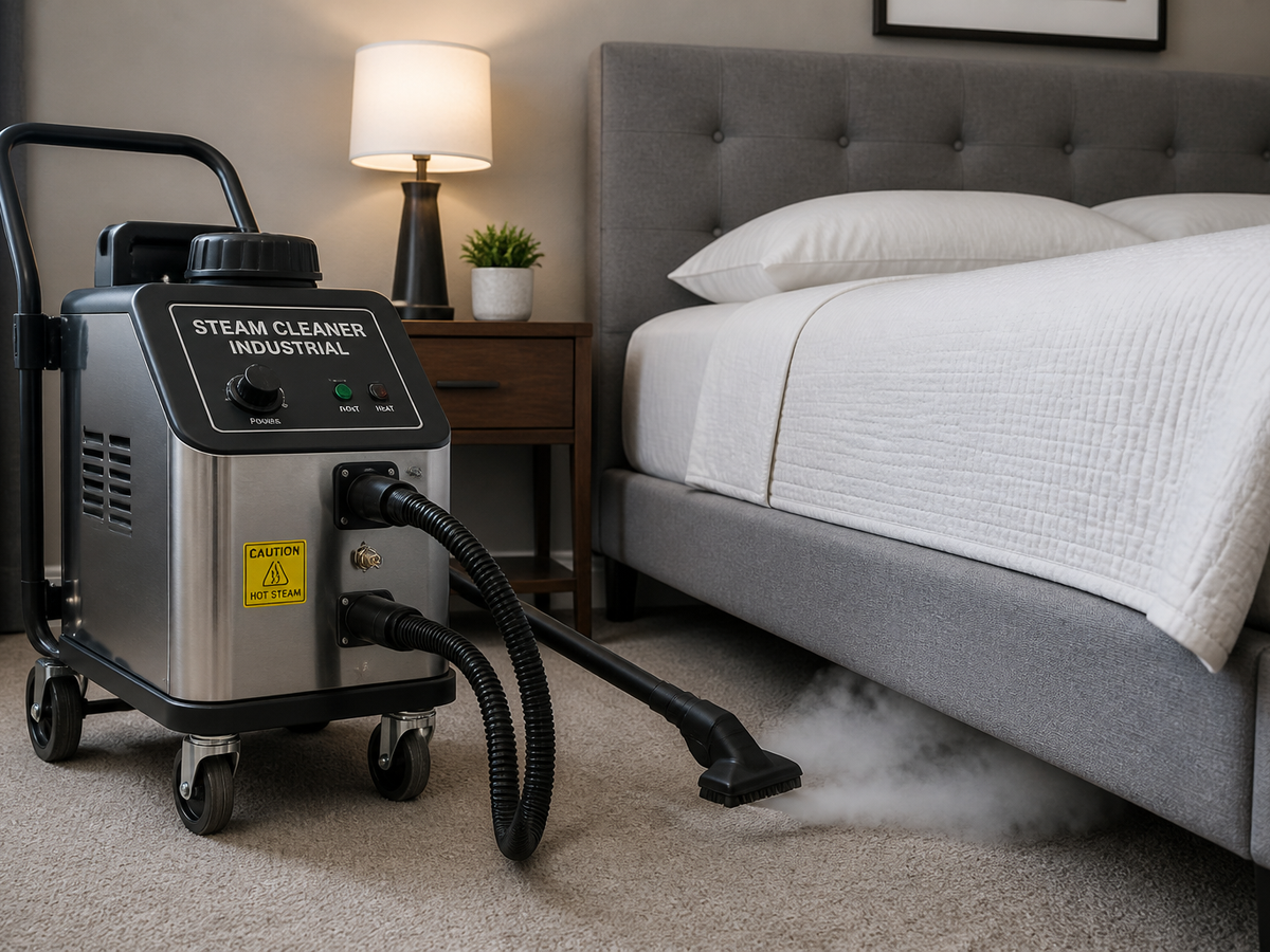 Machine à vapeur professionnelle H3D en cours de traitement d'un matelas.