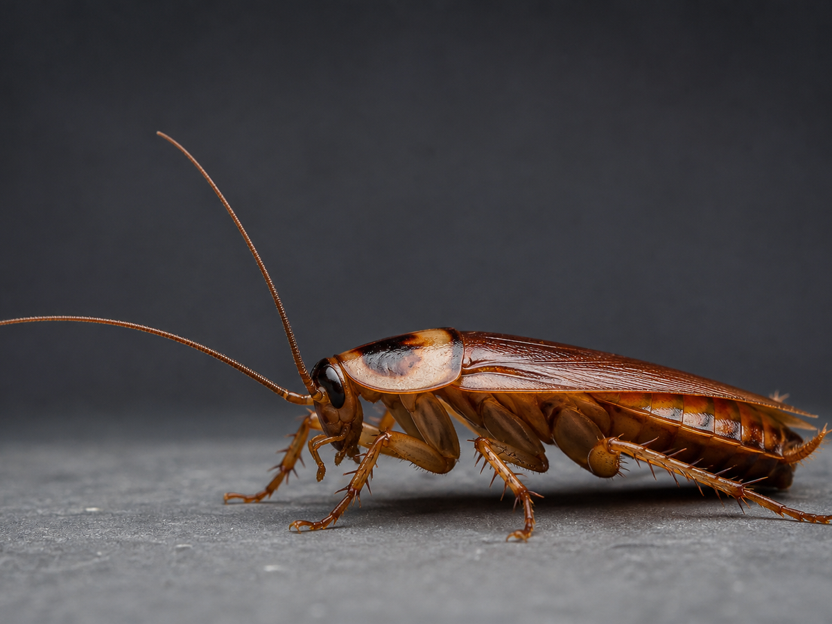 Macro d'un cafard de couleur brune, prise studio sur fond gris neutre.