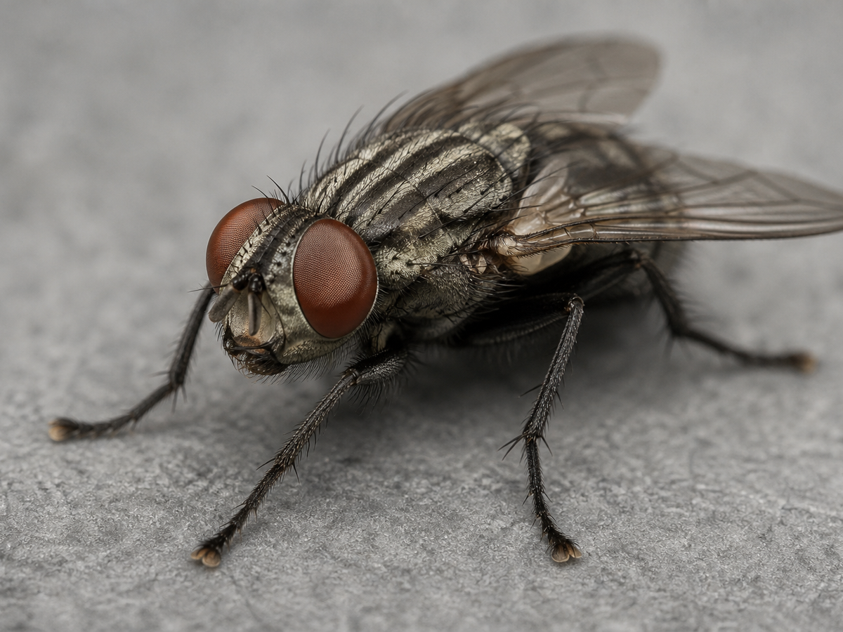 Macro d'une mouche domestique posée sur une surface neutre.