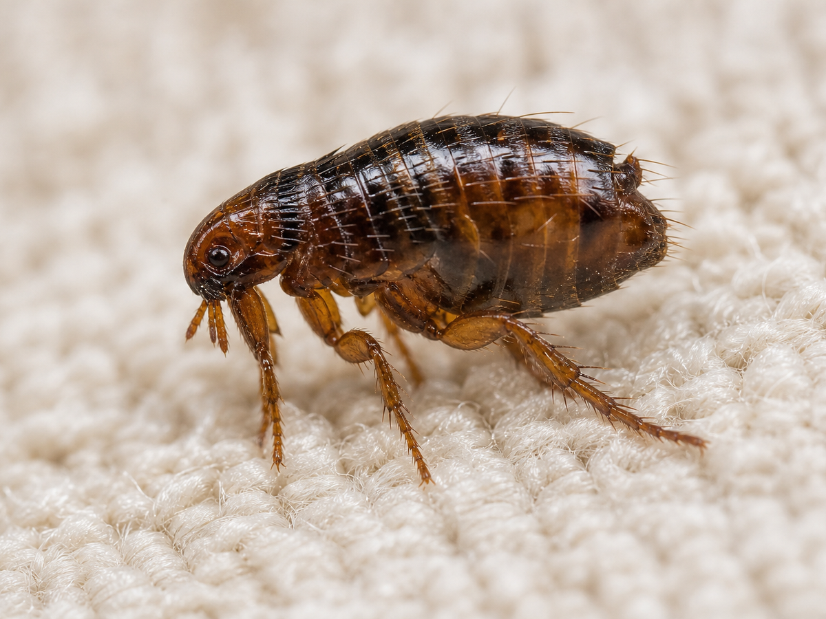 Macro d'une puce, tissu clair en second plan.