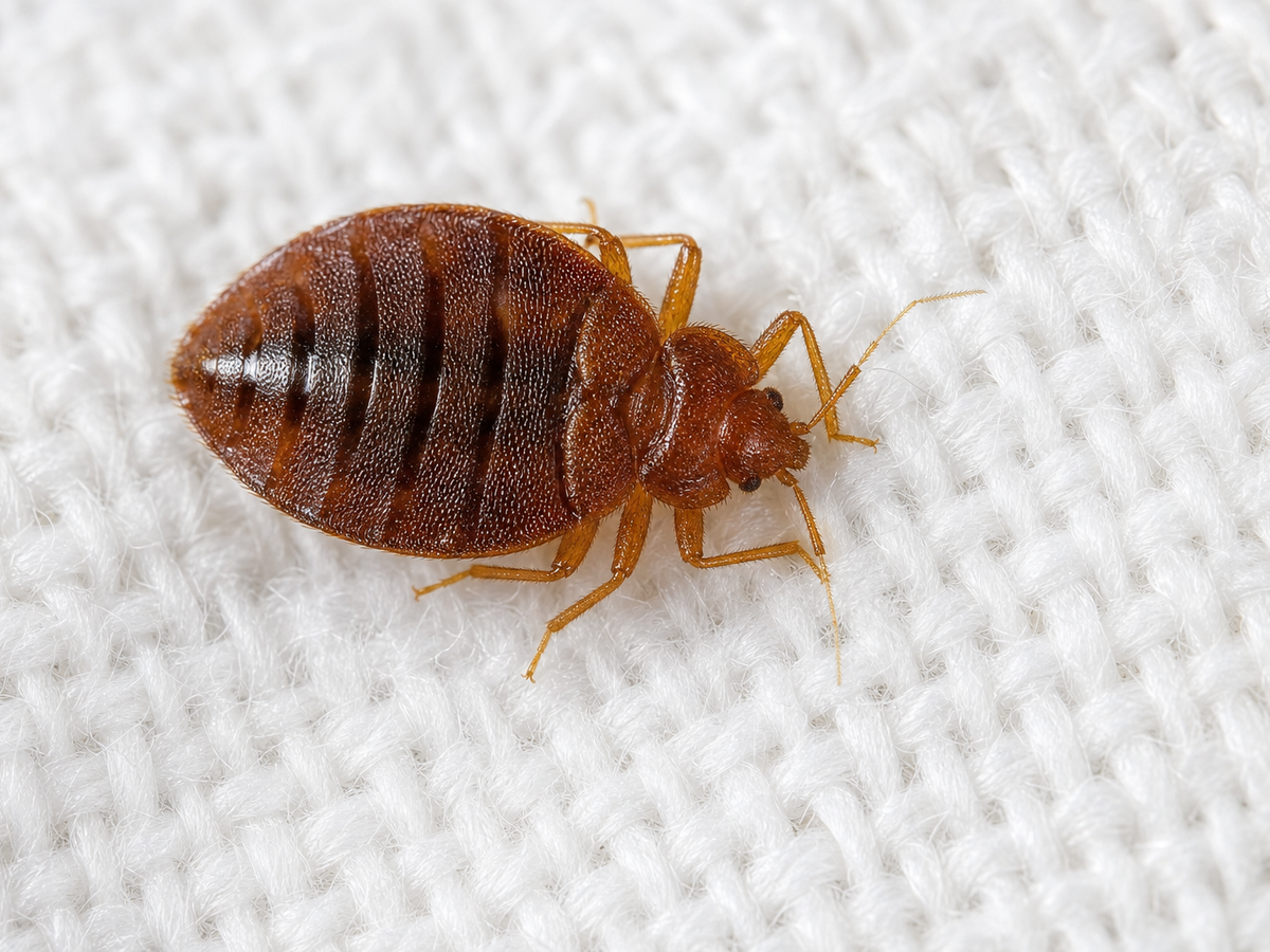 Macro d'une punaise de lit sur tissu blanc, prise de vue studio sobre.