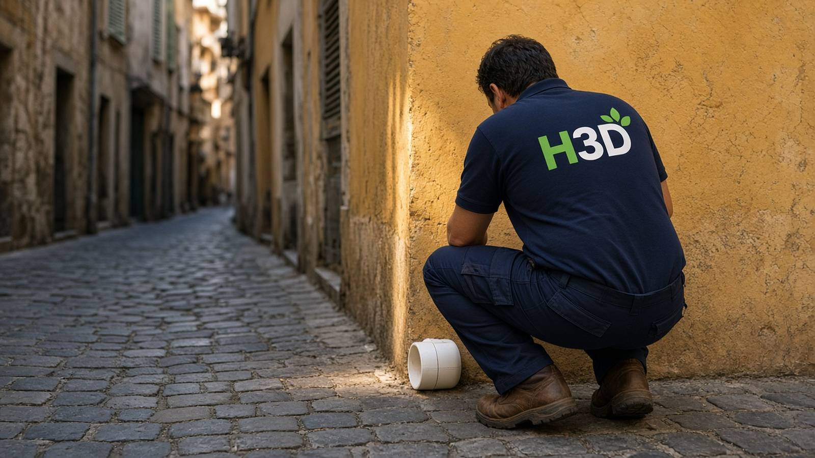 Technicien H3D Service posant un poste d'appâtage sécurisé au pied d'un immeuble du Vieux-Nice