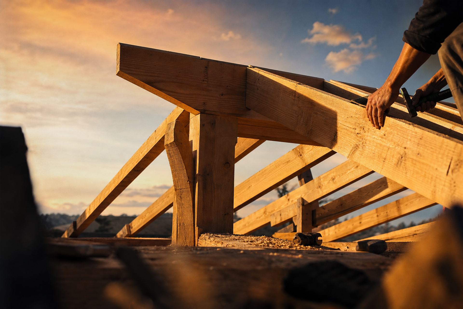 Charpente apparente d'une maison du Pays Basque, contre-plongée à la golden hour