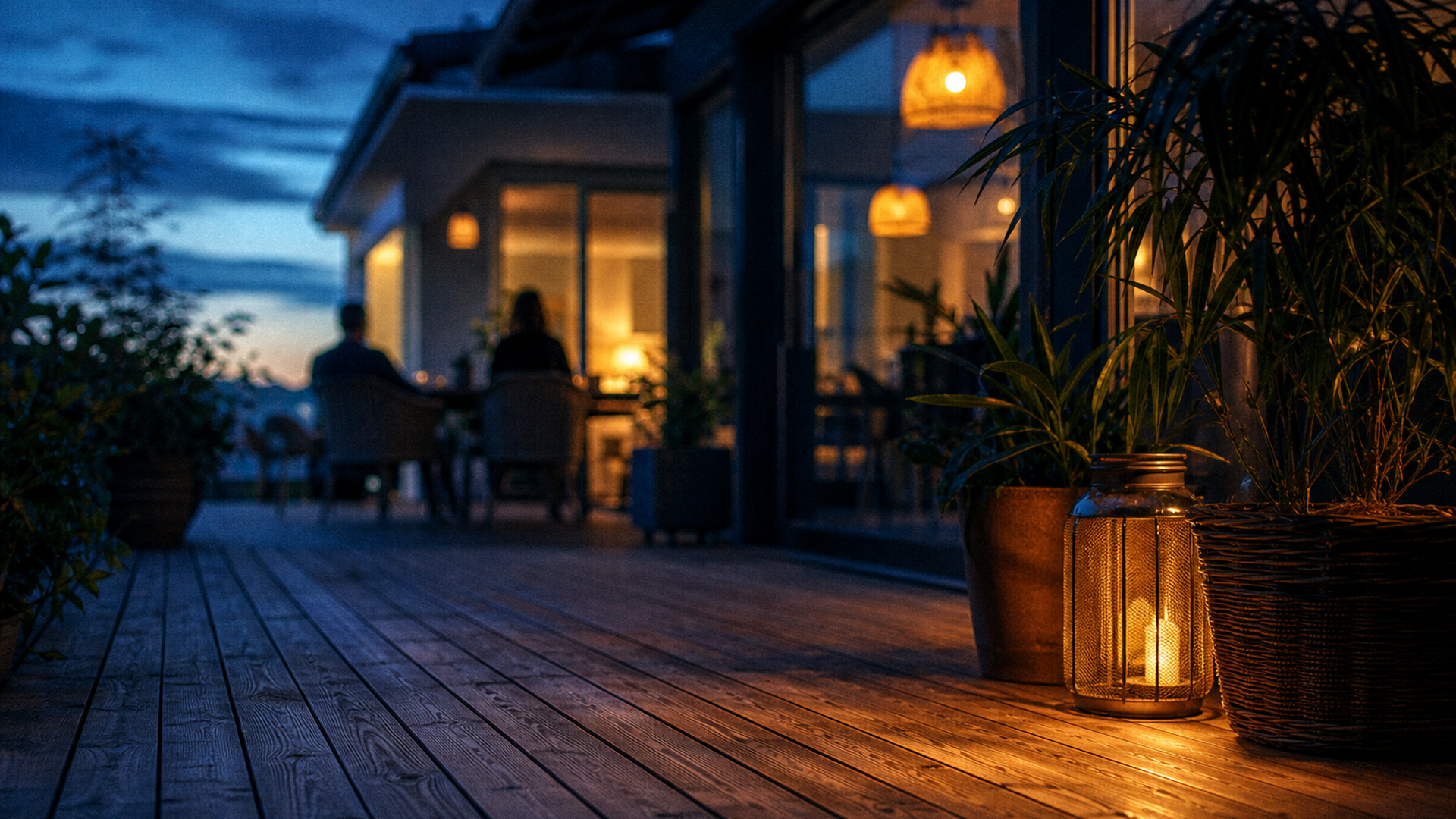 Terrasse bois au crépuscule, lampes ambre allumées, silhouettes en arrière-plan