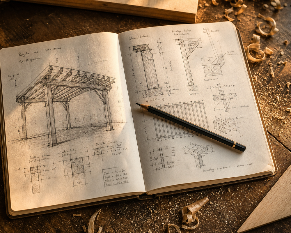 Carnet de plan d'une pergola bois sur-mesure
