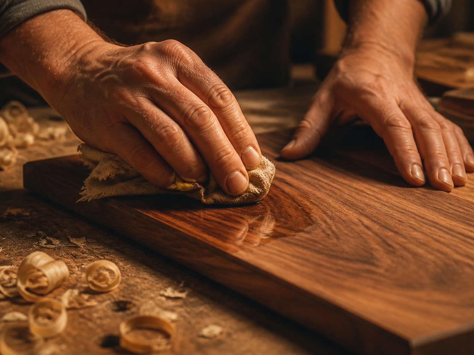 Mains d'un menuisier appliquant une finition sur le bois