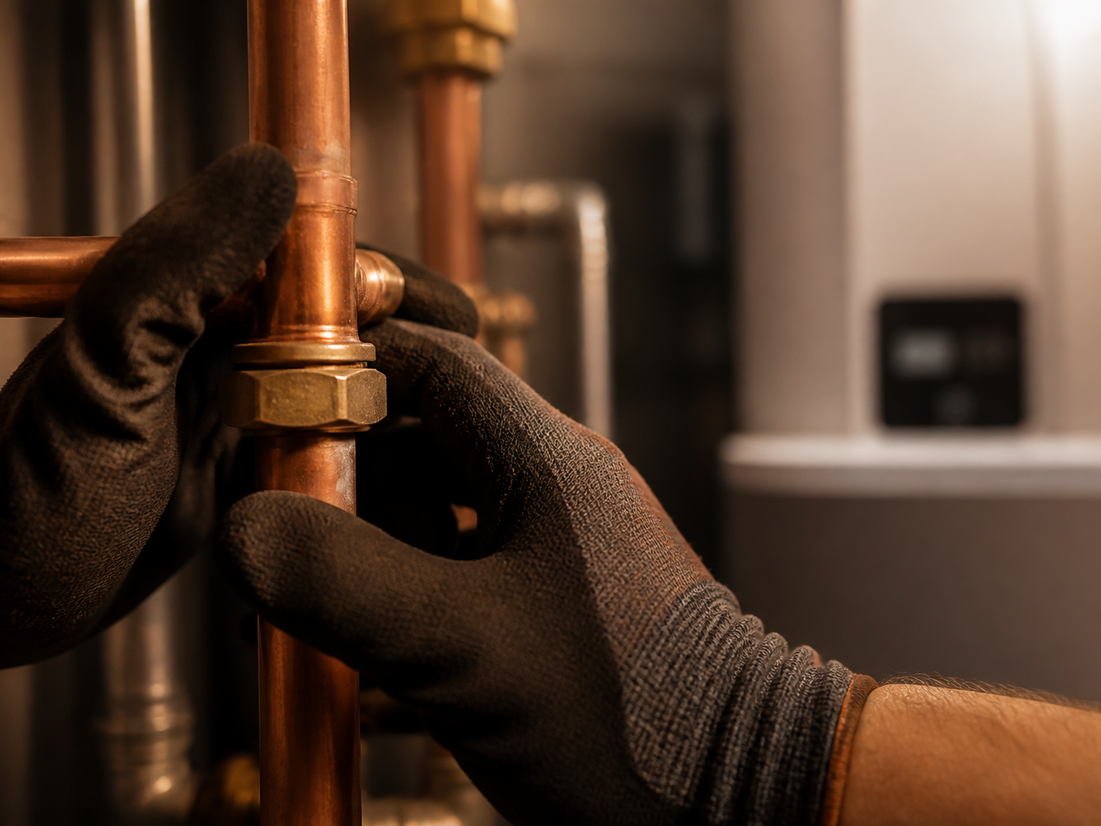 Mains gantées d'un plombier sur une installation en cuivre