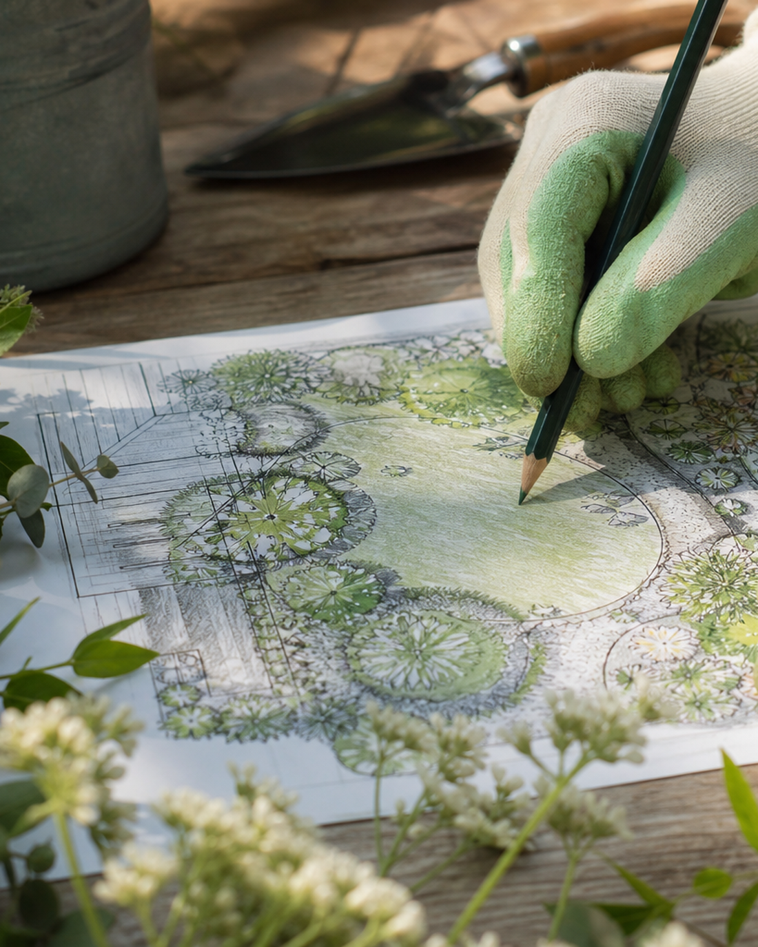 Mains au-dessus d'un croquis de jardin