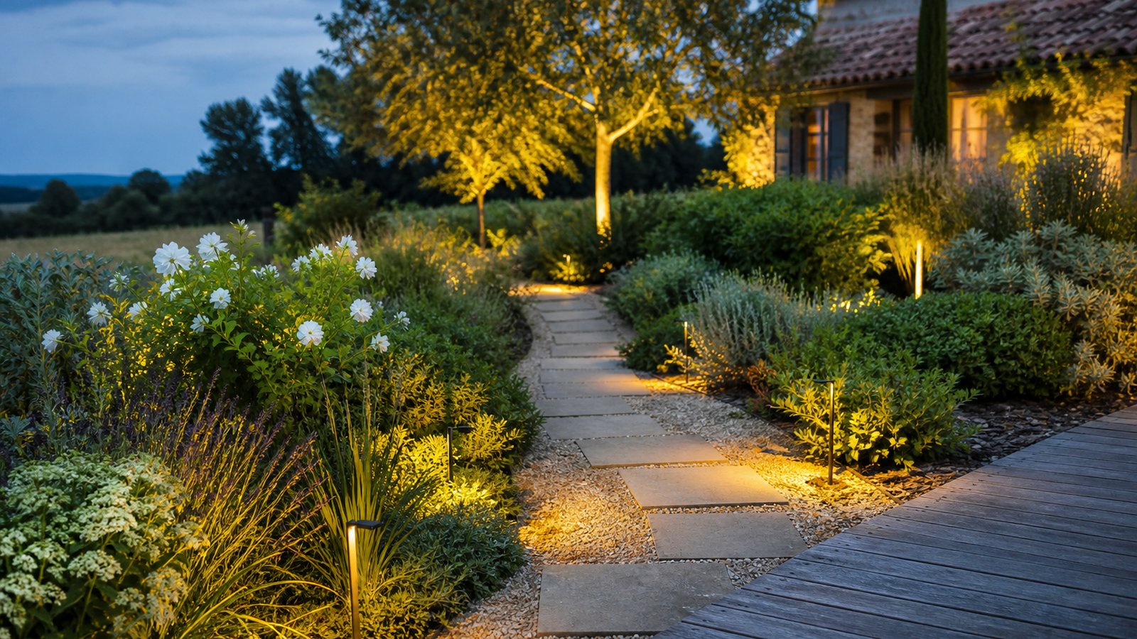 Jardin éclairé le soir