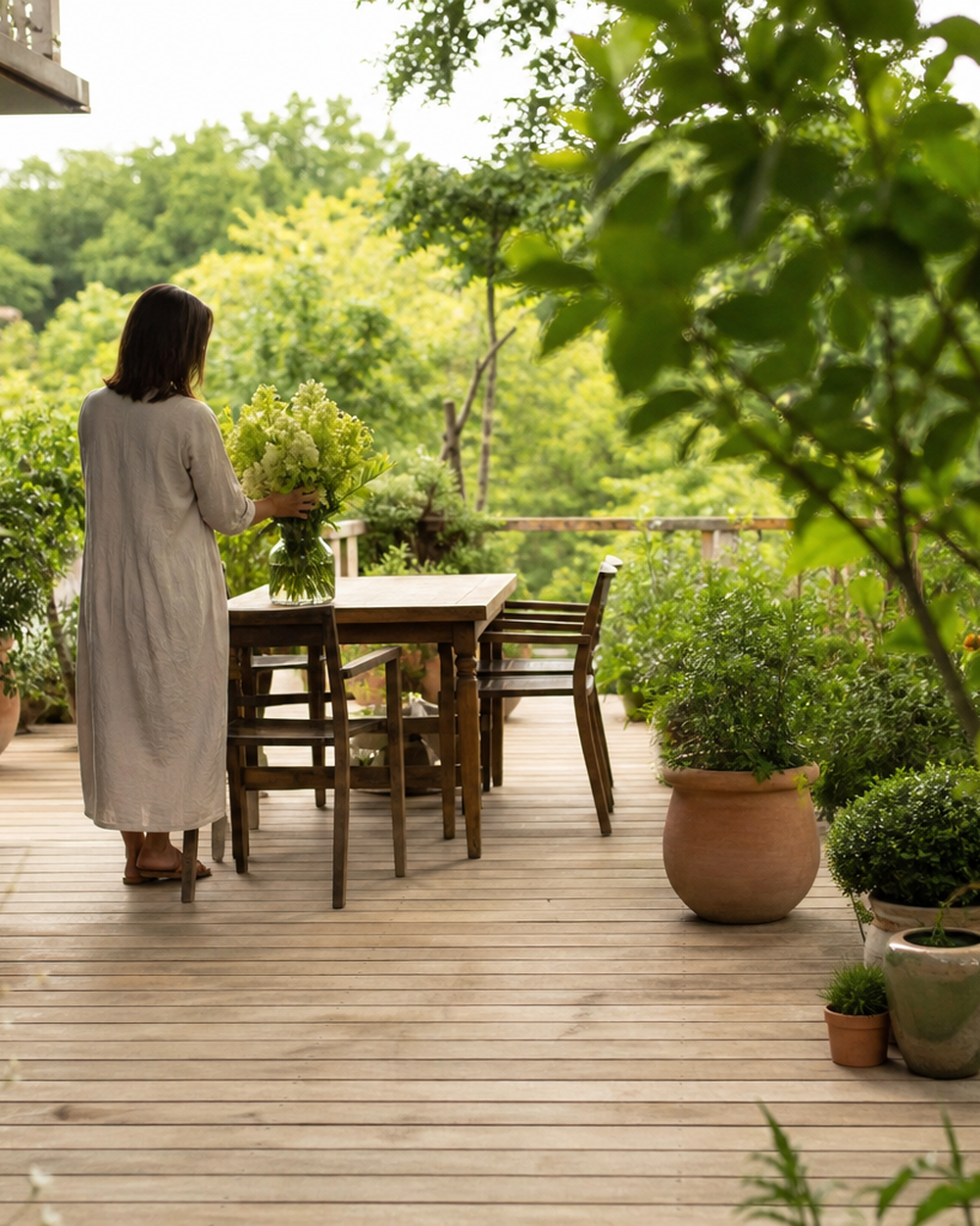 Terrasse bois entourée de végétaux