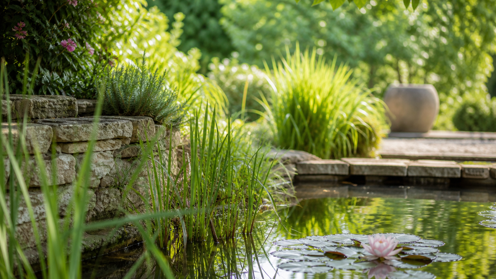 Bassin paysager avec plantes aquatiques
