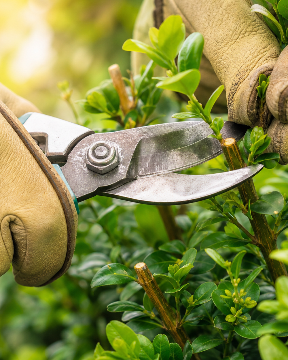 Gros plan de mains gantées soignant une plante
