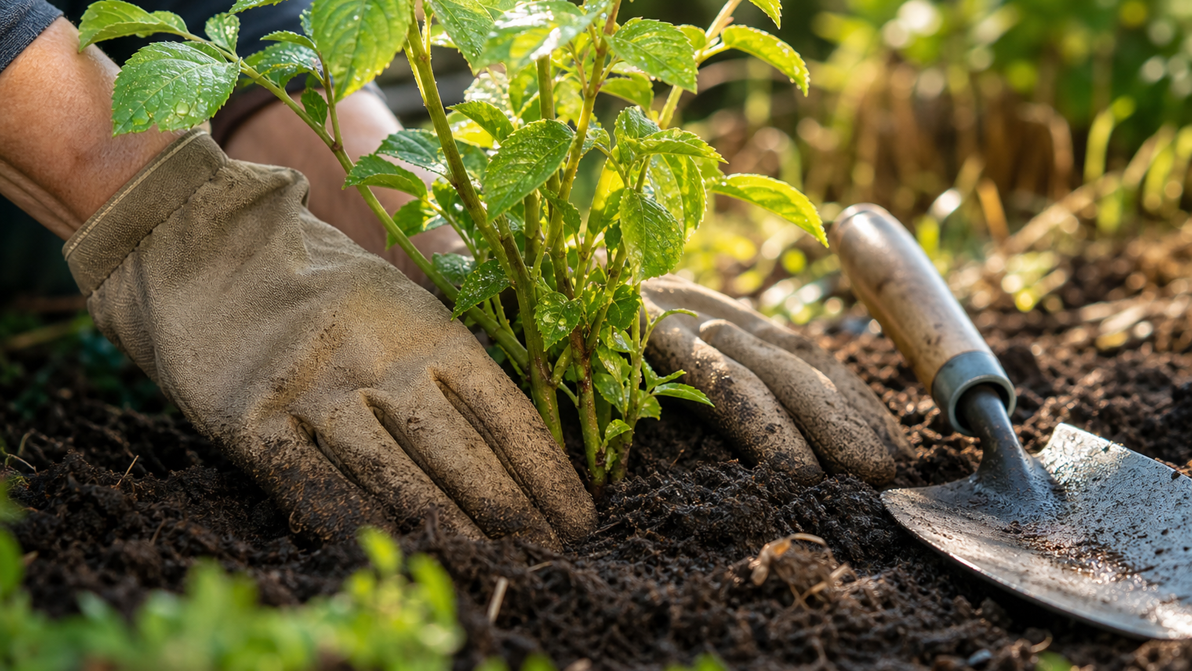 Mains gantées plantant un jeune végétal dans la terre