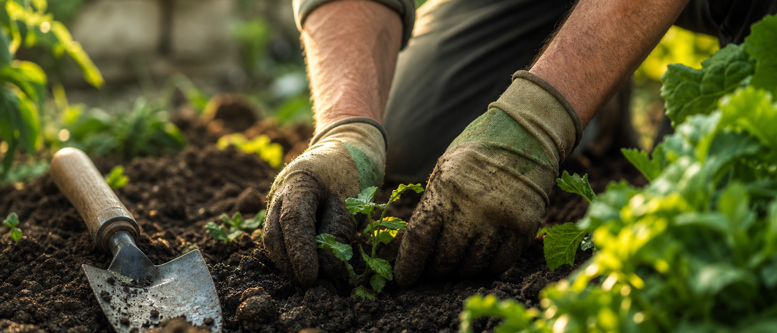 Gros plan de mains gantées travaillant la terre