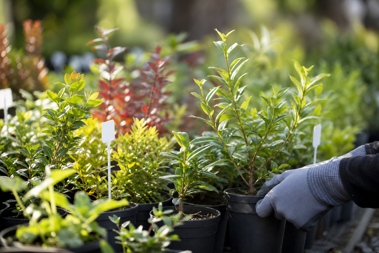 Rangs de jeunes plants en pépinière