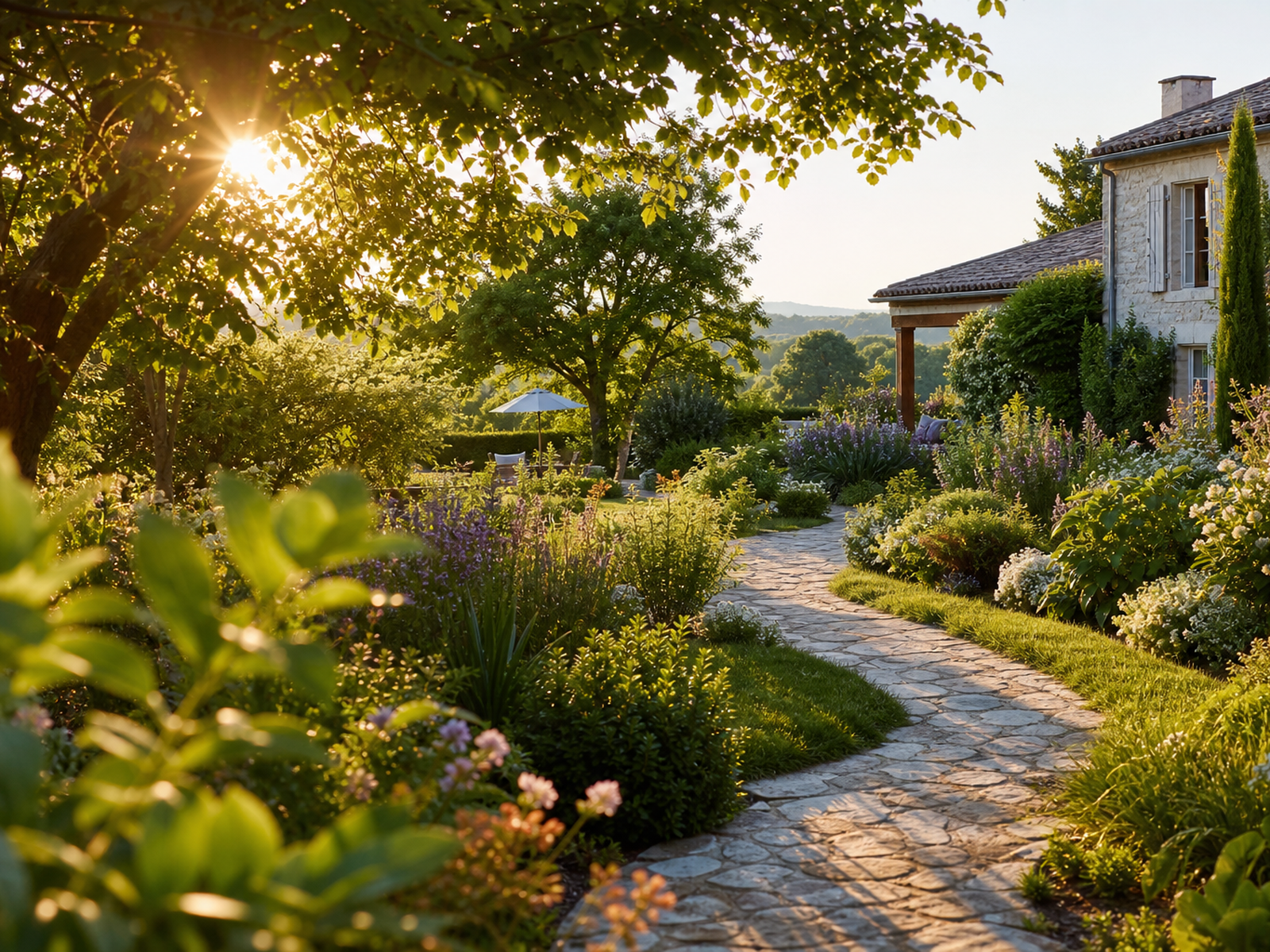 Jardin paysager réalisé avec massifs et allée